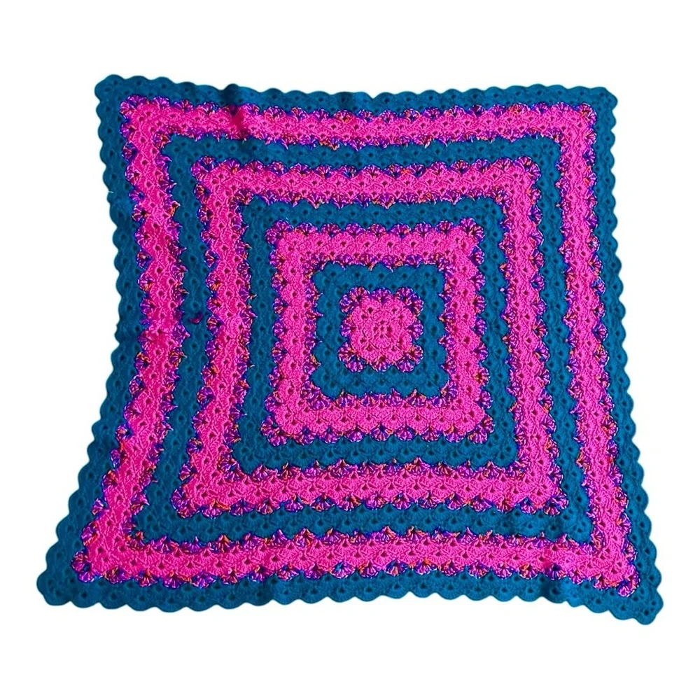 Handmade crocheted Afghan flowers and scalloped trim teal fuchsia unique granny